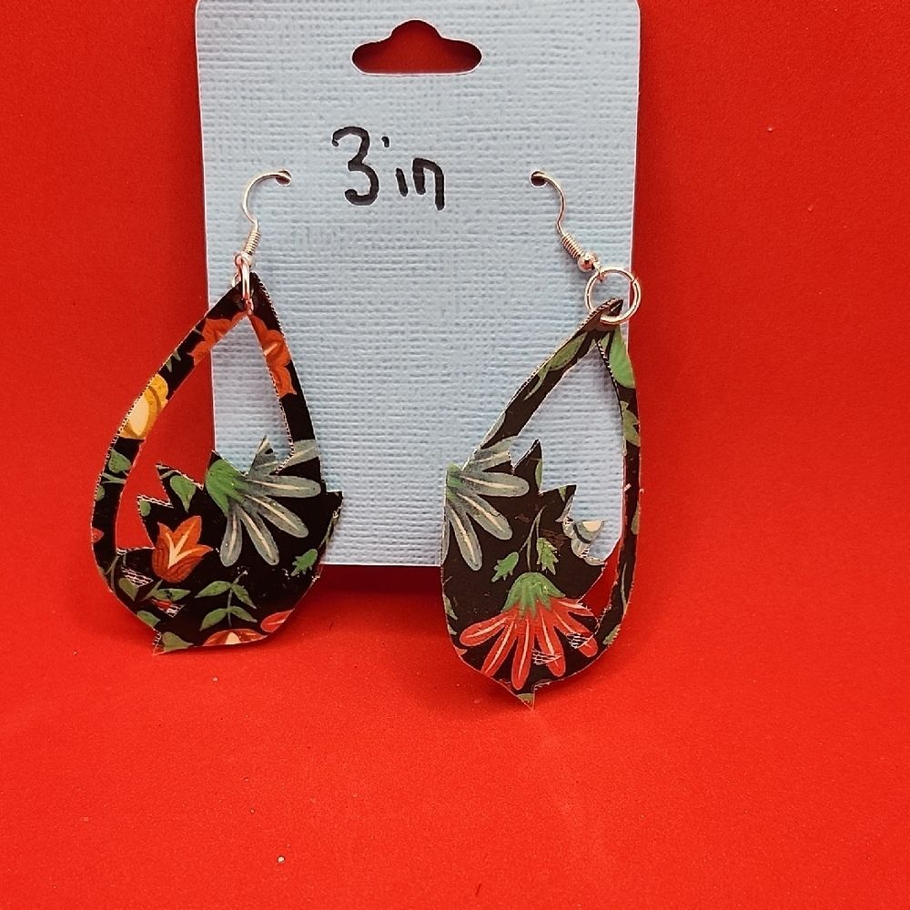 Floral Faux Leather Dangle Earrings Colorful Boho Earrings Handmade Lightweight